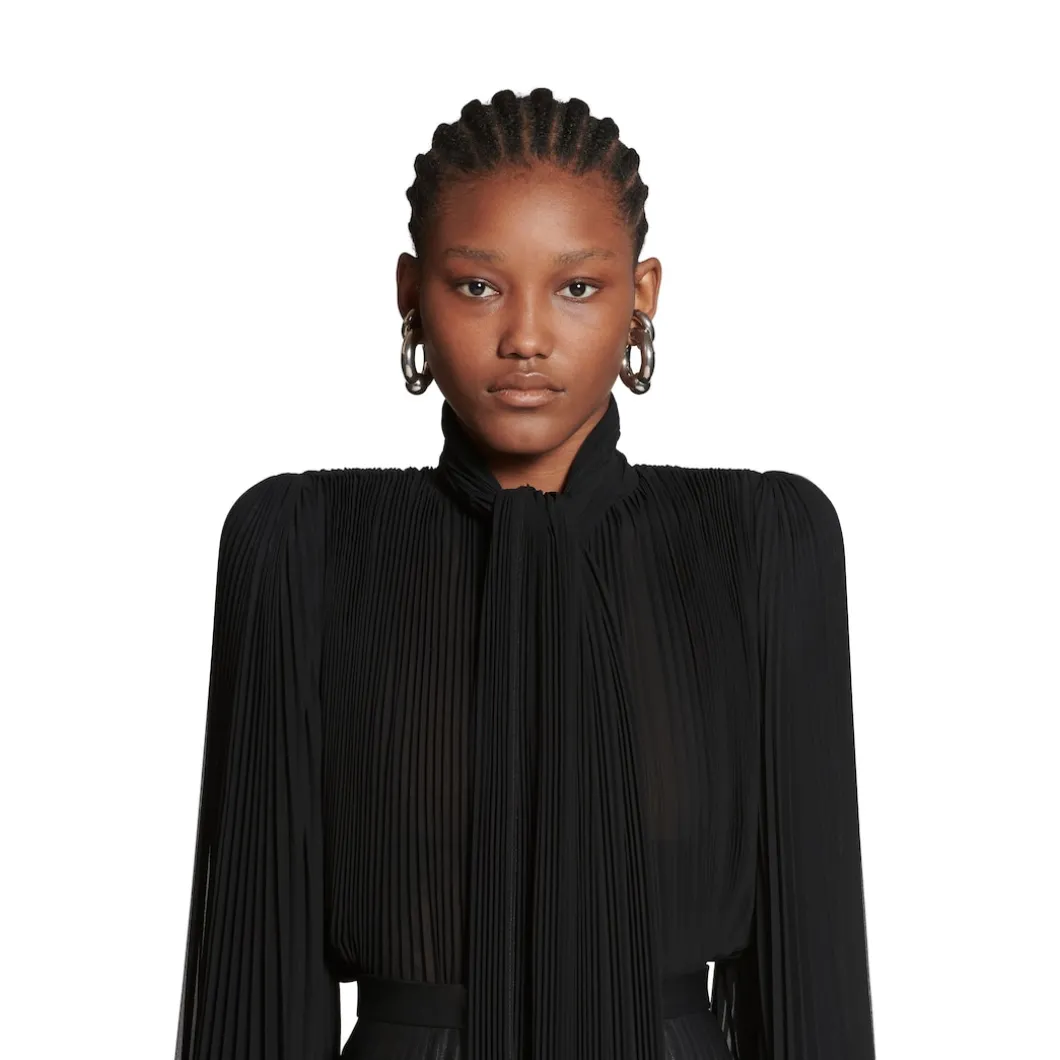 Blusa A Pieghe Con Foulard da Donna in Nero