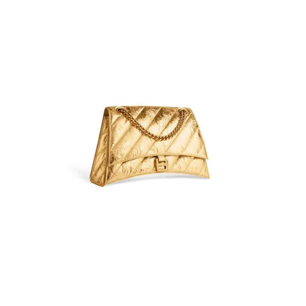 Borsa Con Catena Crush Media Metallizzata E Trapuntata da Donna in Oro