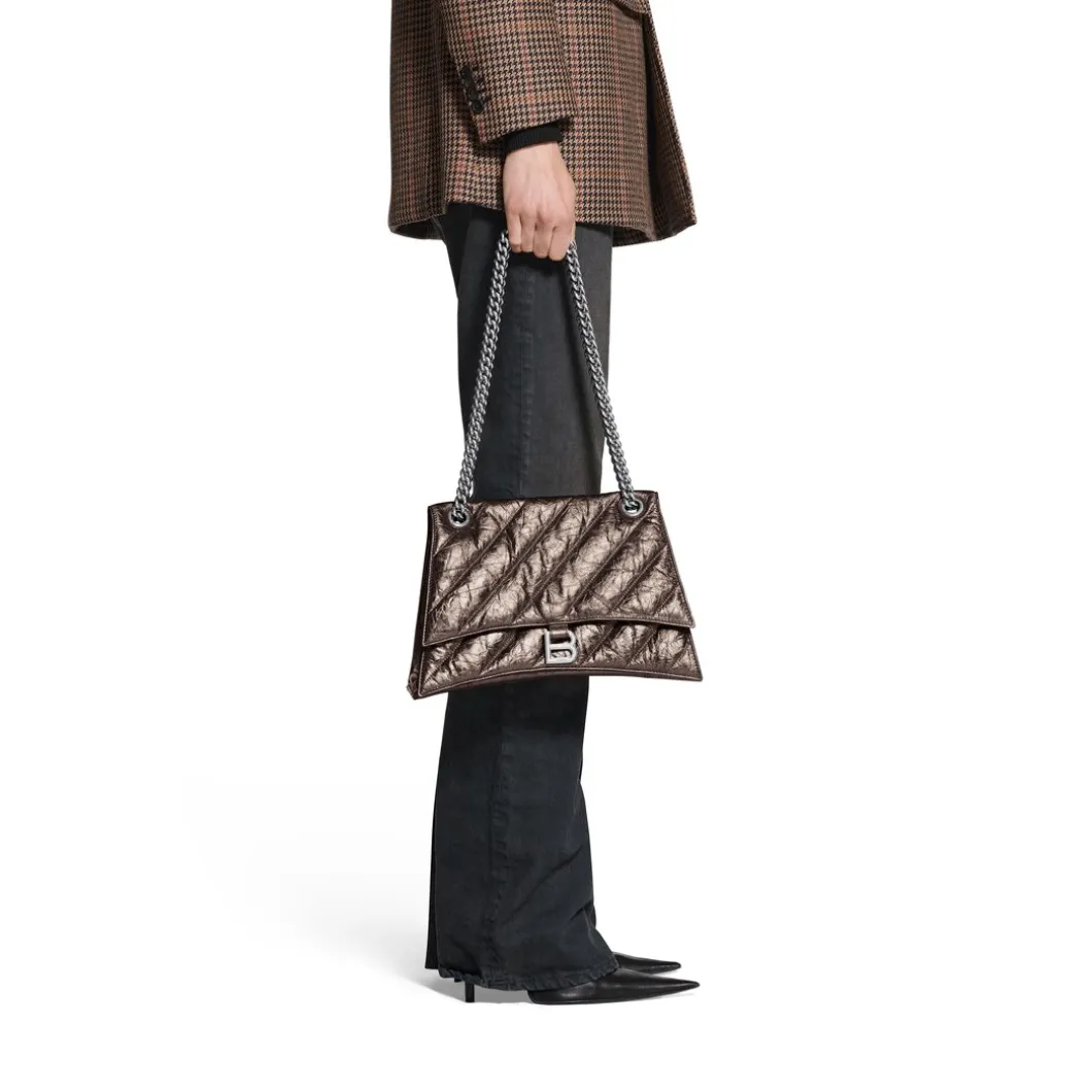 Borsa Con Catena Crush Media Metallizzata E Trapuntata da Donna in Bronzo