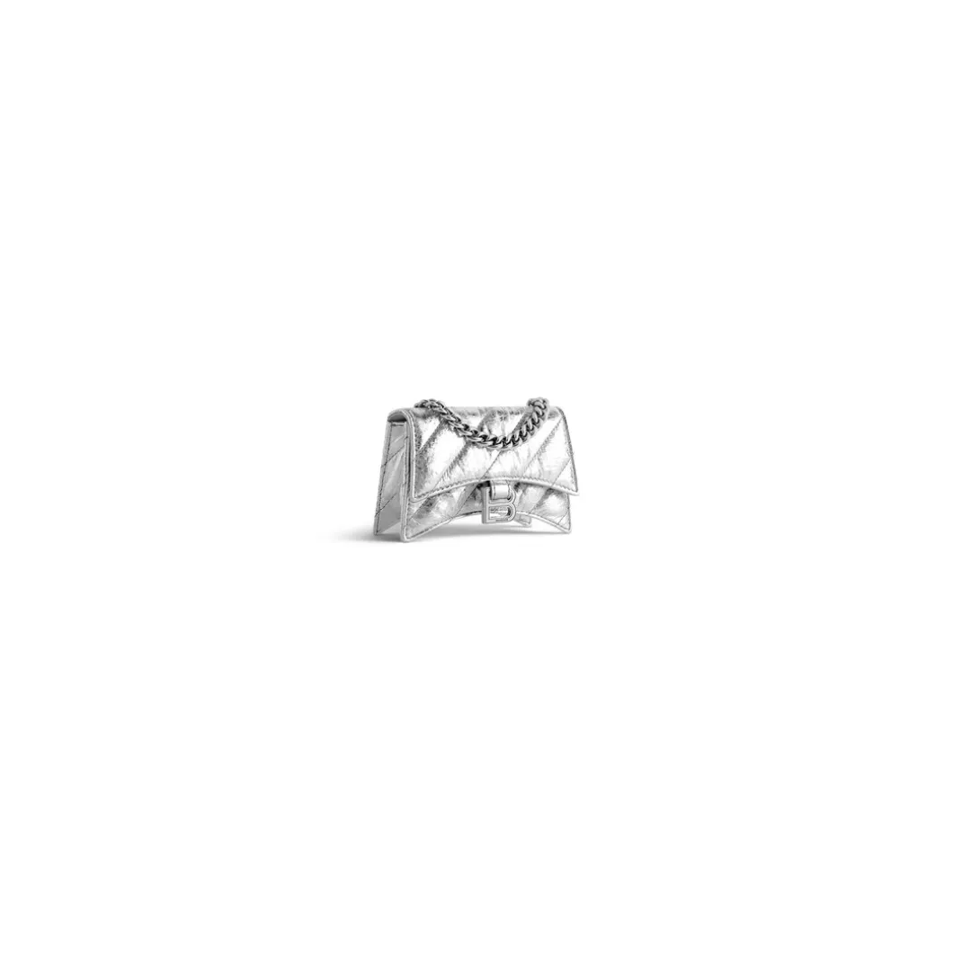 Borsa Con Catena Crush Mini Metallizzata E Trapuntata da Donna in Argento