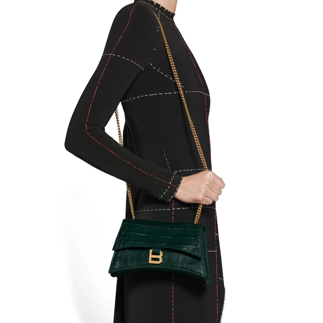 Borsa Con Catena Crush Xs Lavorazione Coccodrillo da Donna in Verde Bosco