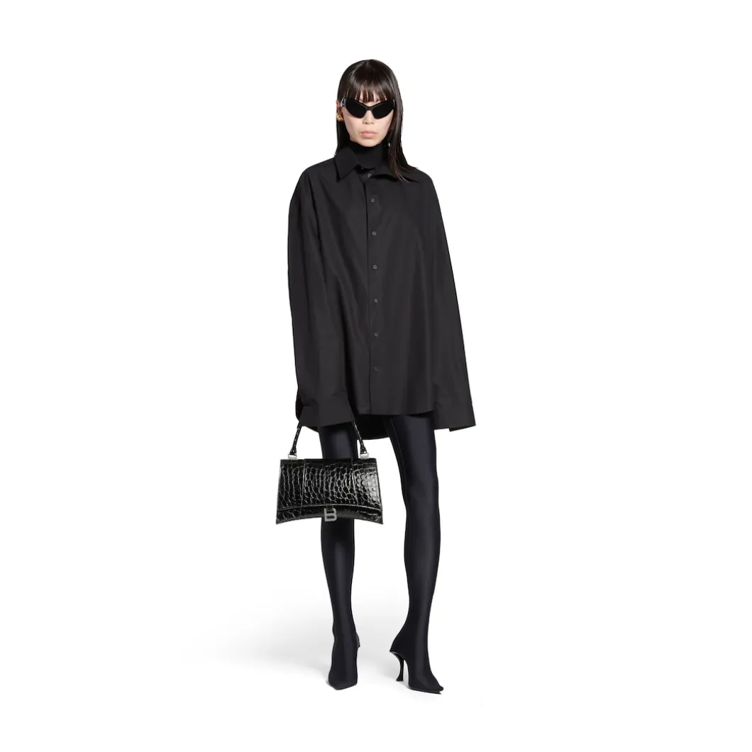 Borsa Hourglass Hinge Media Con Lavorazione Coccodrillo da Donna in Nero