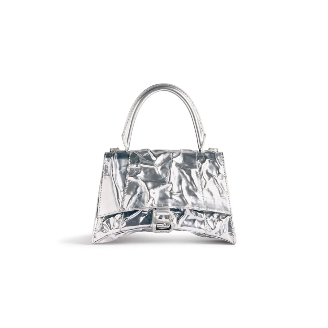 Borsa Hourglass Piccola Effetto Stropicciato da Donna in Argento