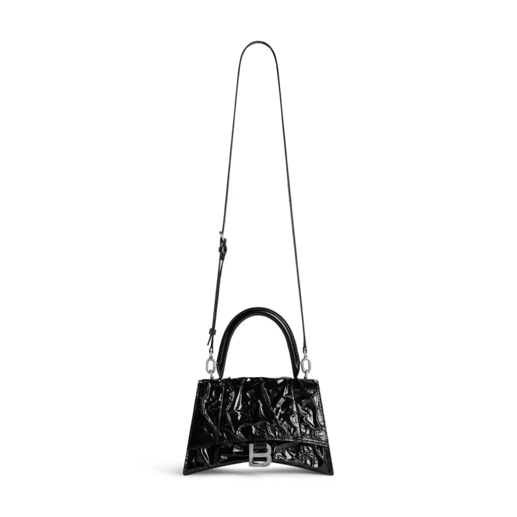 Borsa Hourglass Piccola Effetto Stropicciato da Donna in Nero
