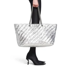 Borsa Tote Carry All Crush Grande Metallizzata E Trapuntata  da Donna in Argento