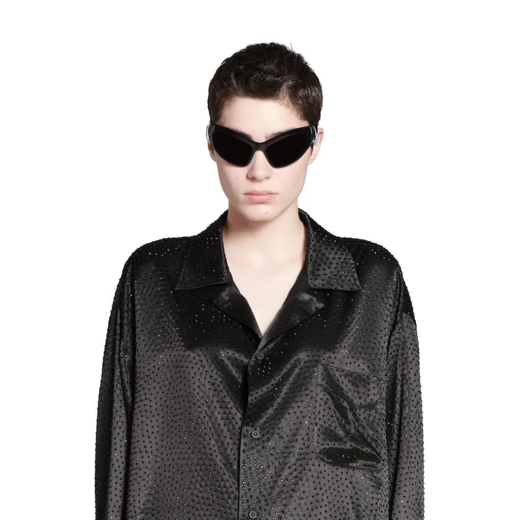 Camicia Con Strass Minimal Large Fit da Donna in Nero