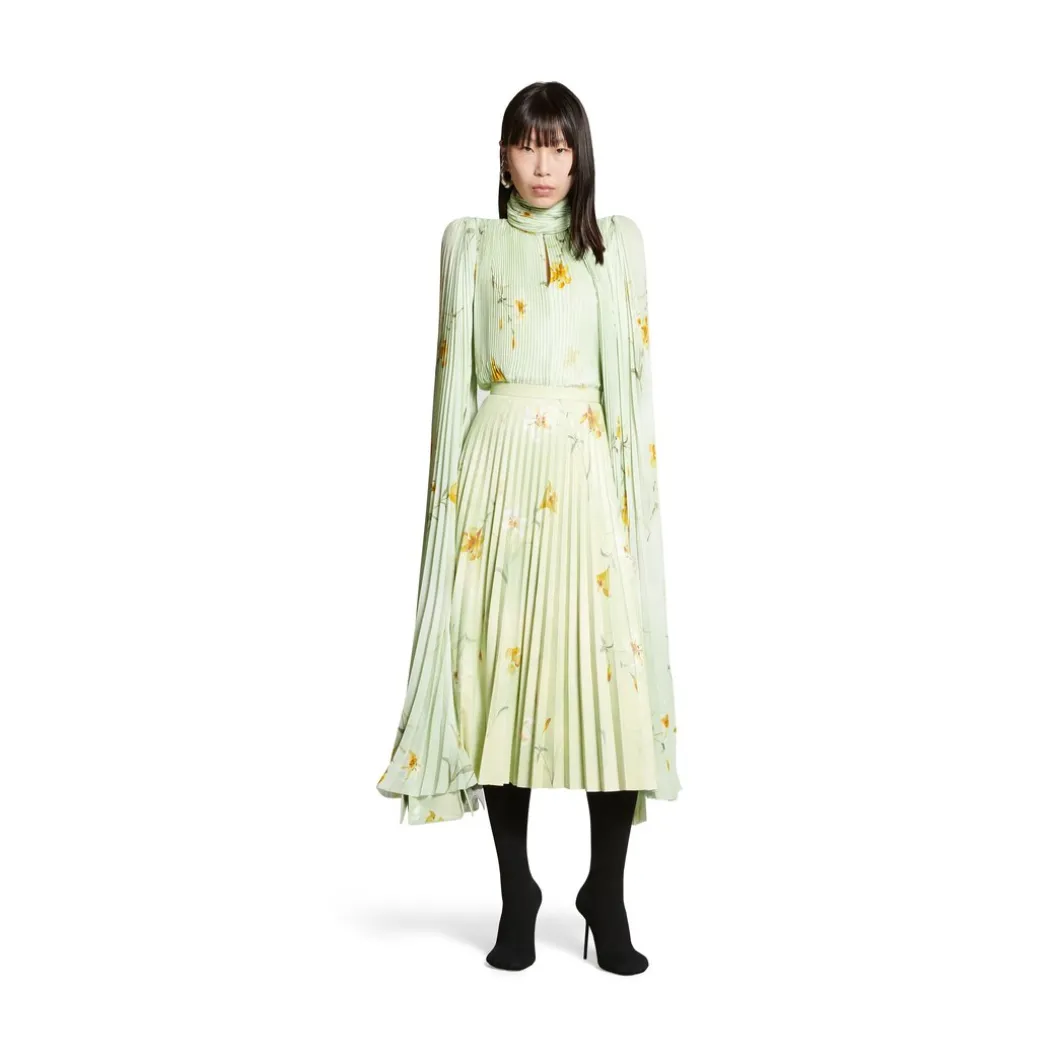 Gonna A Pieghe Con Stampa Lilies da Donna in Verde