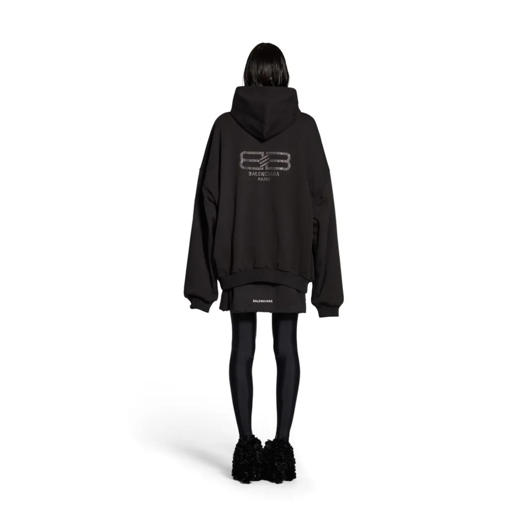Hoodie Bb Paris Strass Large Fit in Nero Délavé