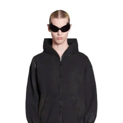 Hoodie Con Cerniera Balenciaga Paris Small Fit in Nero D&eacute;lav&eacute;