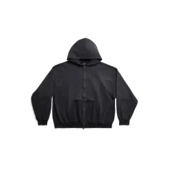 Hoodie Con Cerniera Ripped Pocket Tape Type Large Fit in Nero Délavé