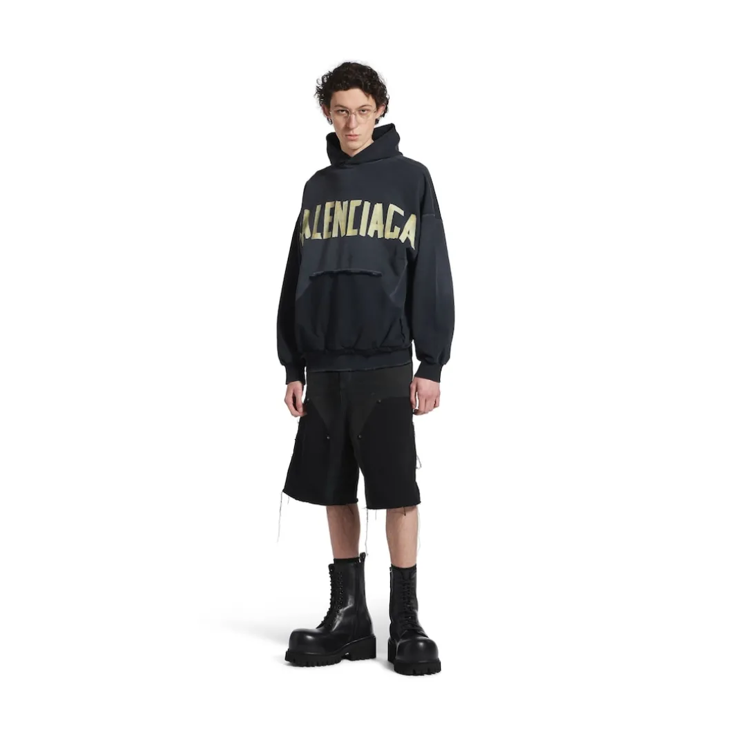 Hoodie Ripped Pocket Tape Type Oversize in Nero Délavé