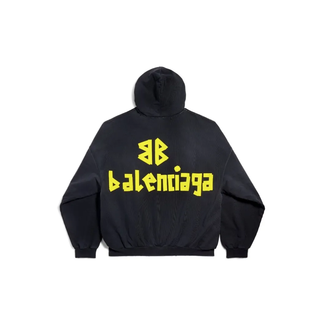 Hoodie Ripped Pocket Tape Type Oversize in Nero Délavé