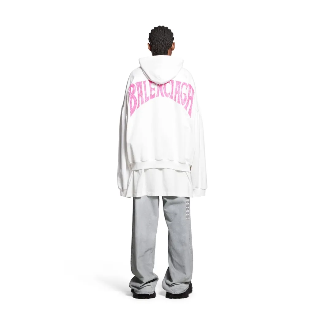 Hoodie Round Paris Tropical Oversize in Bianco/rosa