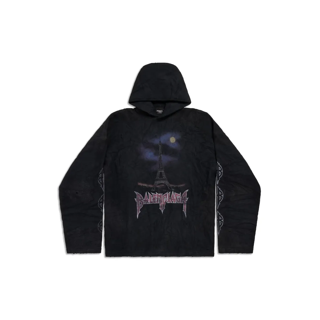 Hoodie Stropicciato Paris Moon Large Fit in Nero
