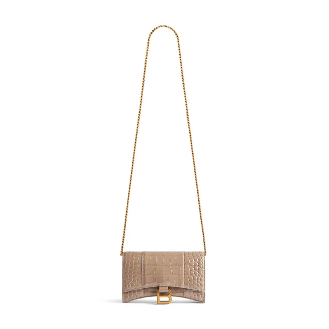 Portafoglio Con Catena Hourglass Con Lavorazione Coccodrillo da Donna in Marrone