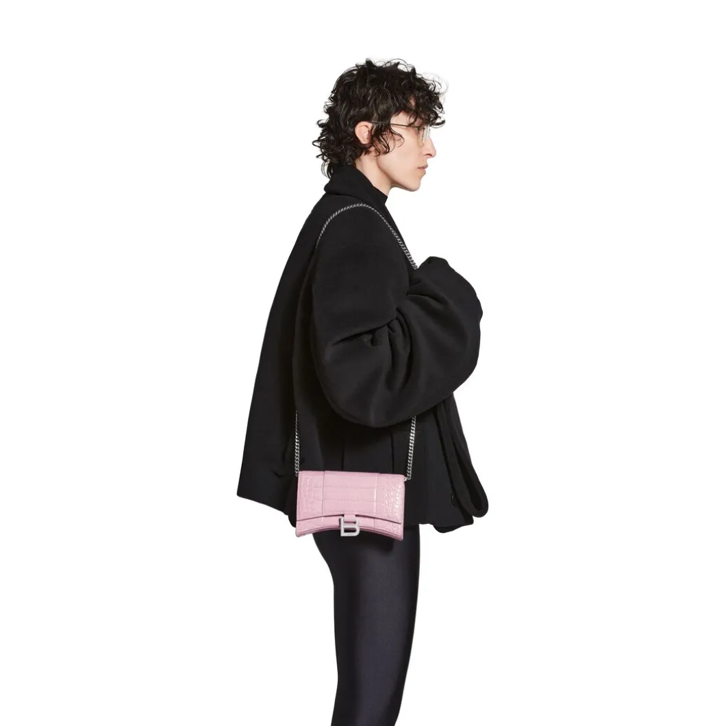 Portafoglio Con Catena Hourglass Con Lavorazione Coccodrillo da Donna in Rosa