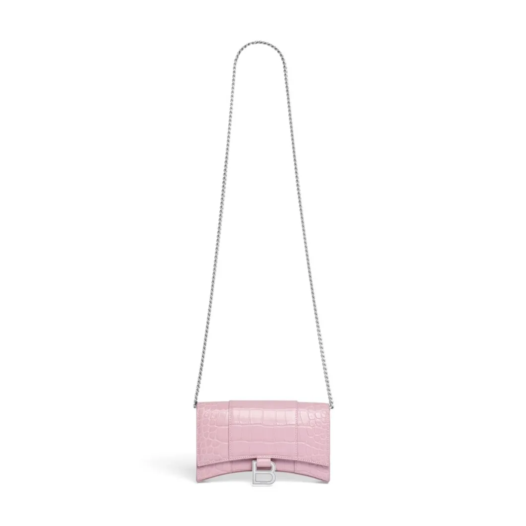 Portafoglio Con Catena Hourglass Con Lavorazione Coccodrillo da Donna in Rosa
