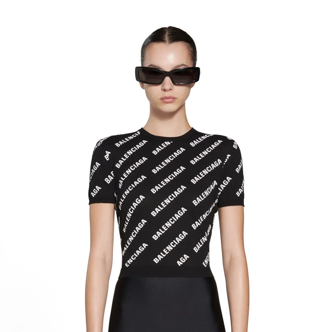 Pullover A Maniche Corte Crop Mini Allover Logo da Donna in Nero