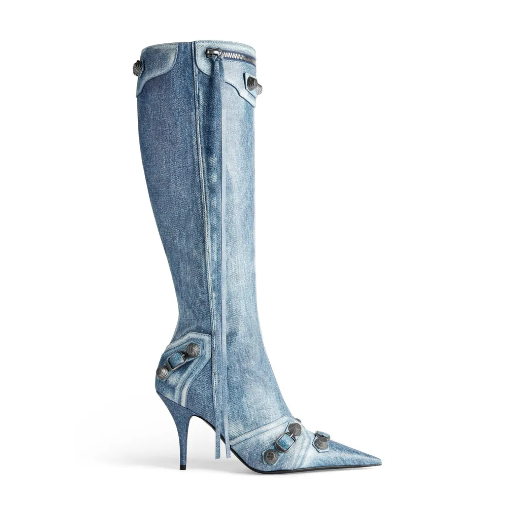 Stivali Cagole 90 Mm Stampa Denim da Donna in Blu