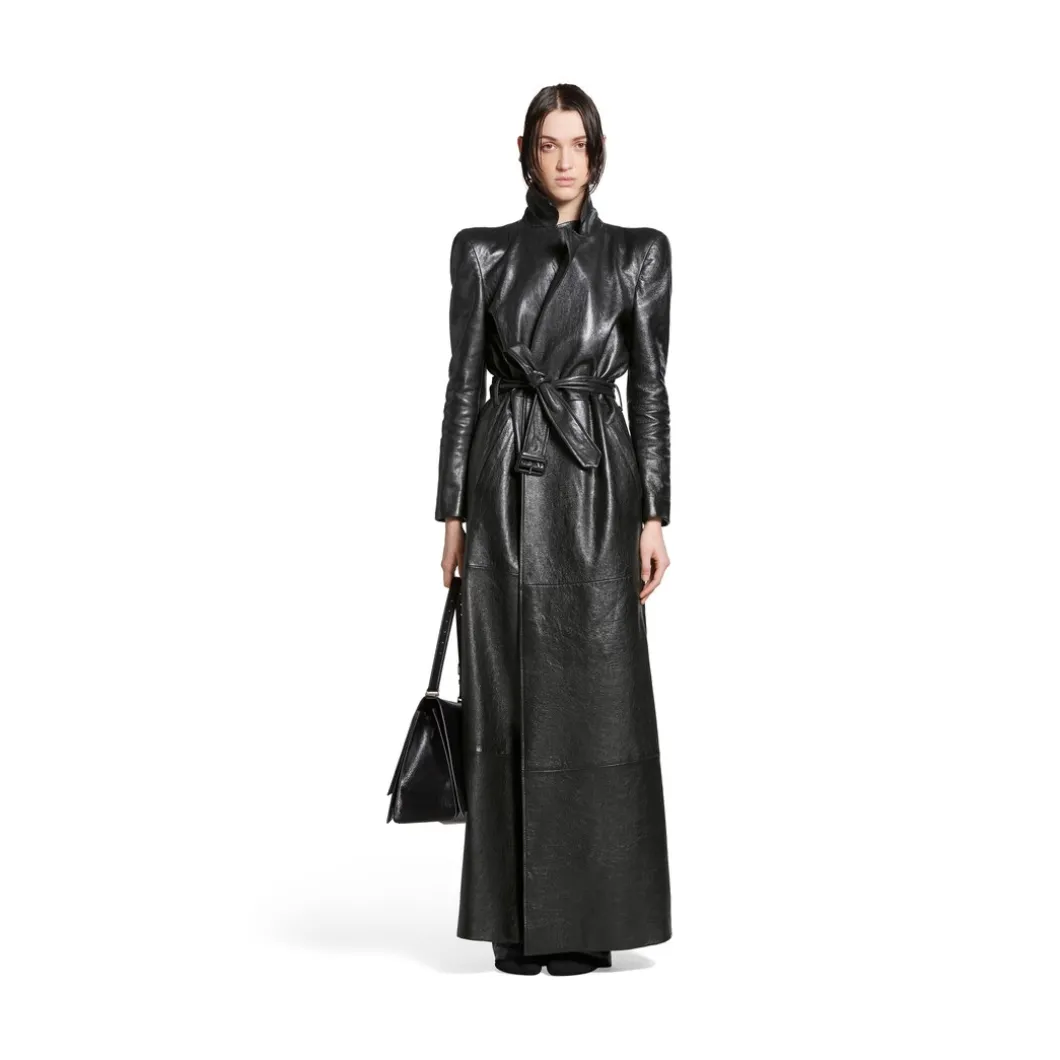 Trench Round Shoulder Maxi da Donna in Nero