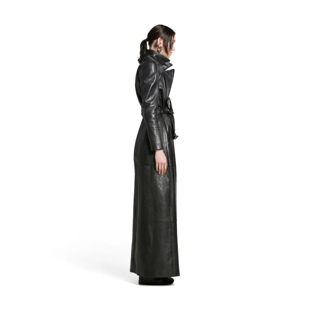 Trench Round Shoulder Maxi da Donna in Nero