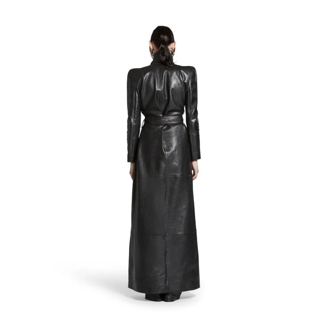 Trench Round Shoulder Maxi da Donna in Nero