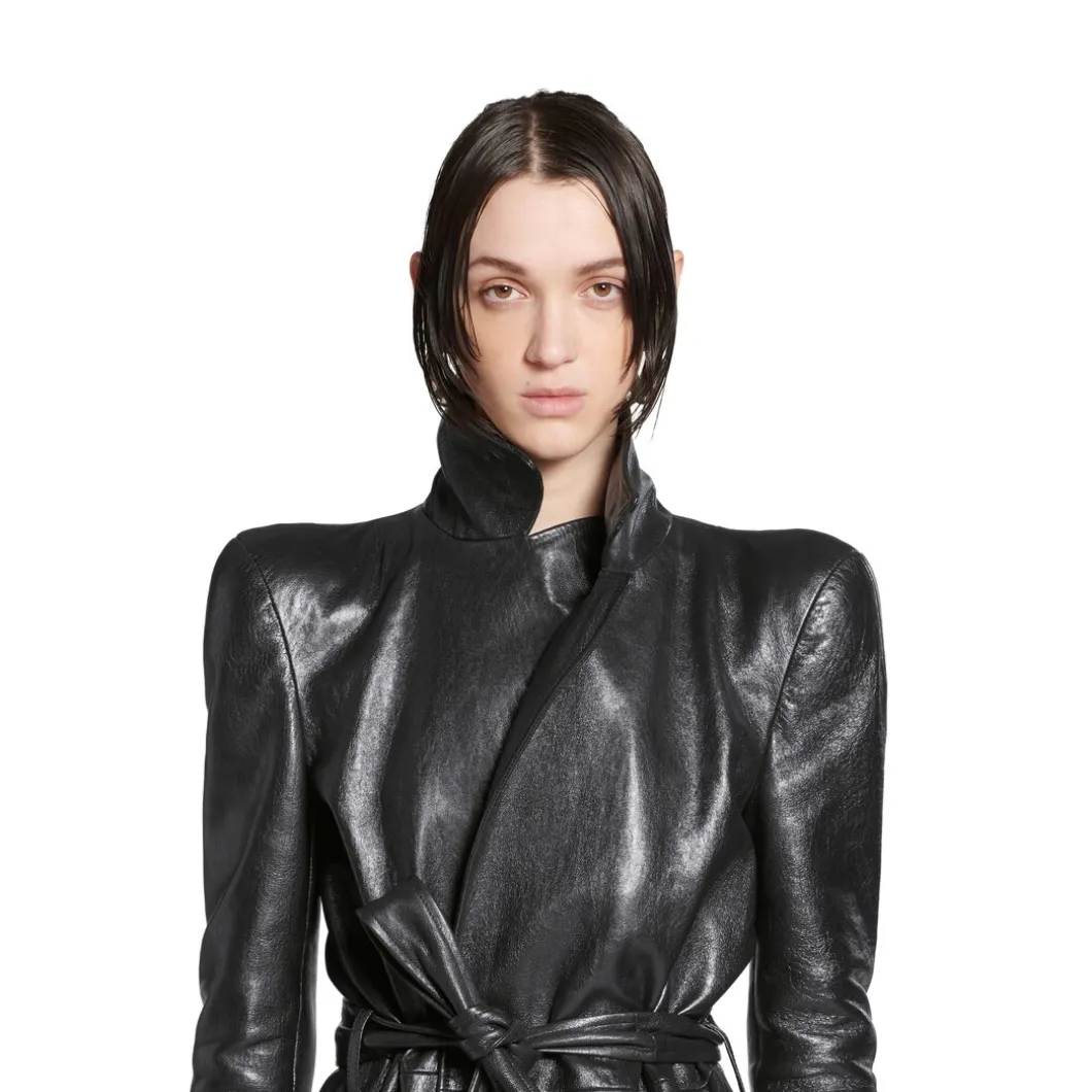 Trench Round Shoulder Maxi da Donna in Nero