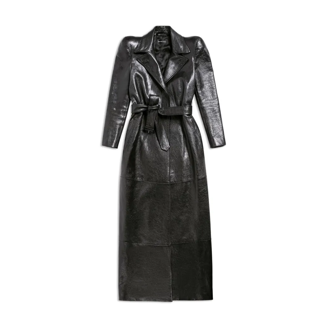 Trench Round Shoulder Maxi da Donna in Nero