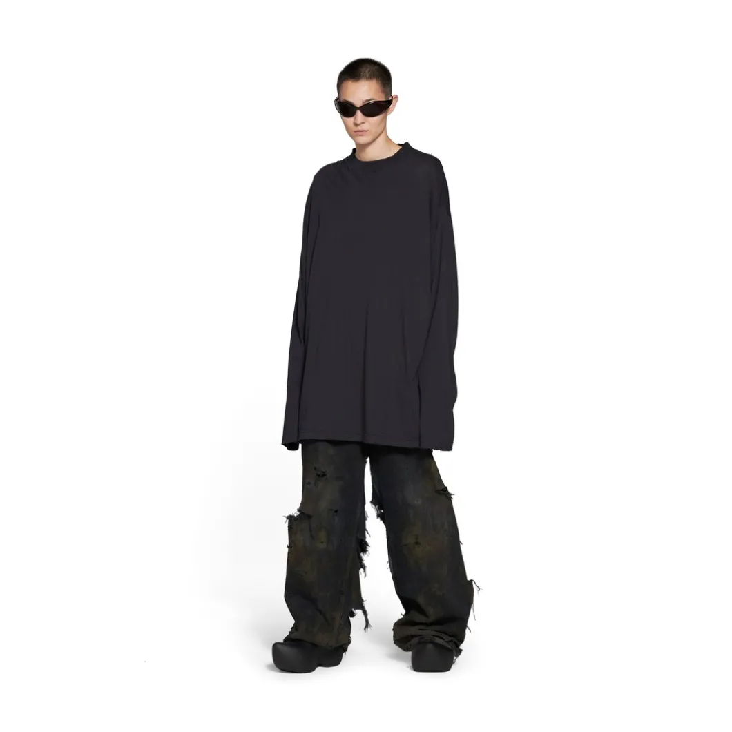 T-shirt A Maniche Lunghe Balenciaga Oversize in Nero Délavé