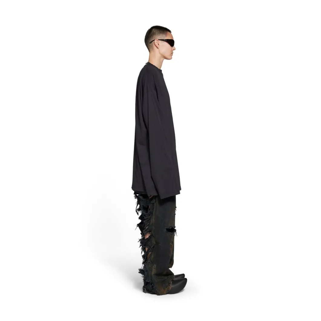 T-shirt A Maniche Lunghe Balenciaga Oversize in Nero Délavé