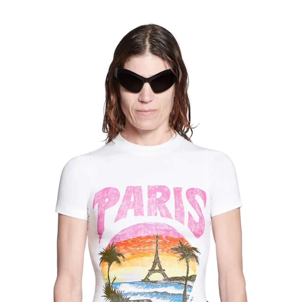 T-shirt Paris Tropical Aderente da Donna in Bianco/rosa