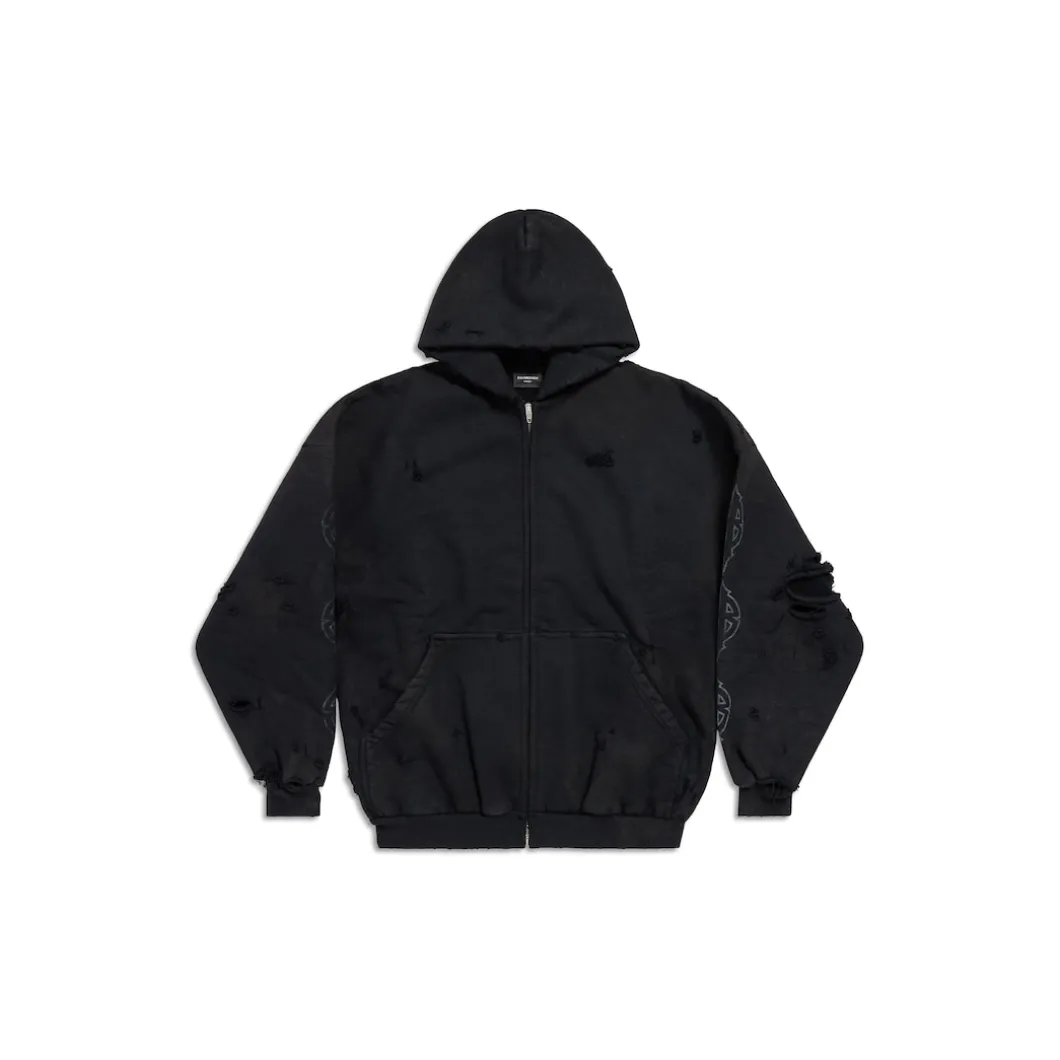 Zip-up Hoodie Capospalla Paris Moon Oversize in Nero Délavé