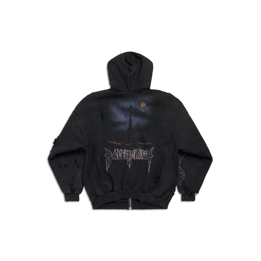 Zip-up Hoodie Capospalla Paris Moon Oversize in Nero Délavé